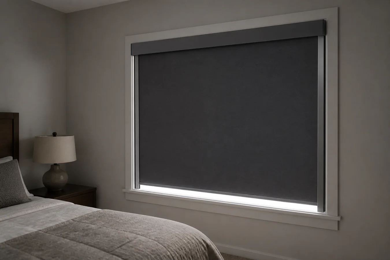 Blackout roller shade with a top cassette and side tracks leaving a thin line of light above the sill