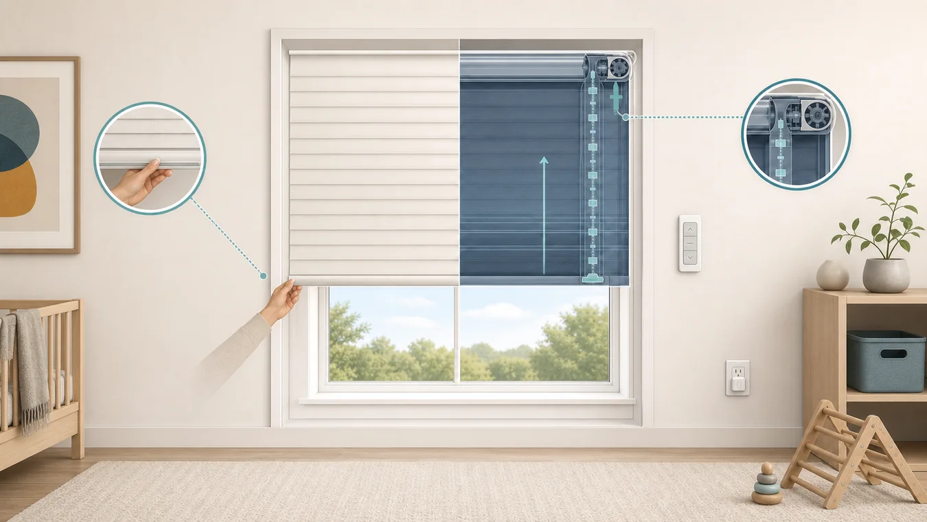 Editorial cutaway of a cordless window covering showing bottom-rail control, an internal lift path, clear floor space, and motor power access