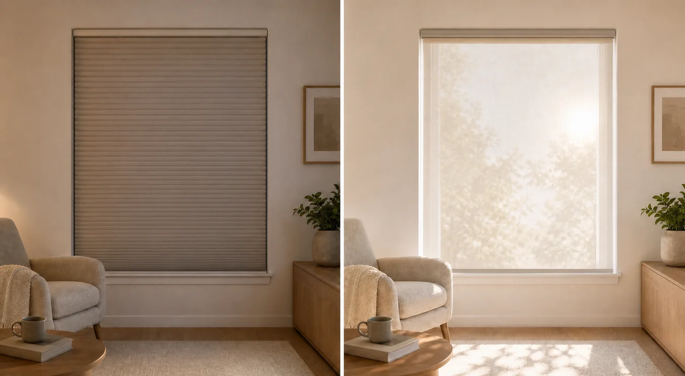 Winter-night cellular shade and summer-afternoon light-filtering shade shown fully lowered on the same window