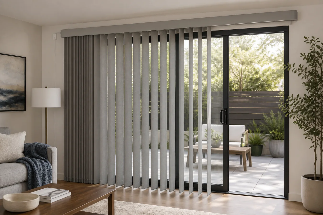 Motorized vertical blinds partly stacked beside a sliding door with the remaining vanes rotated