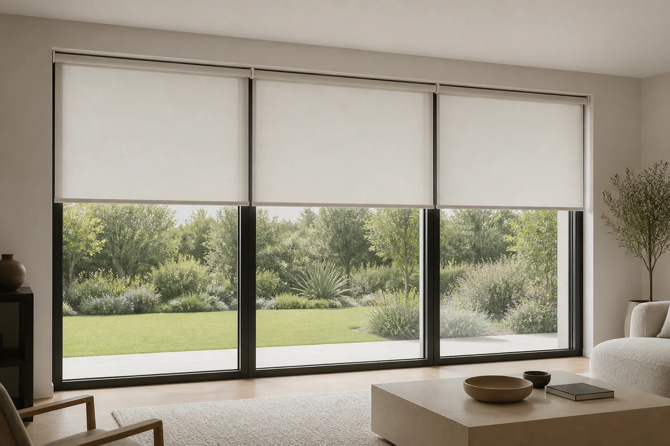 Three roller shade panels aligned with the mullions of one very wide window